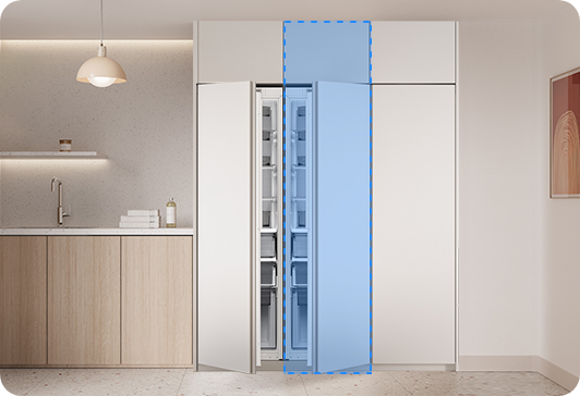 제품의 상부, 후면부, 좌/우를 박스형 판넬로 마감하여 박스장을 설치한 모습입니다. 박스장 안에는 삼성 1도어 빌트인 냉장고 제품이 있습니다.