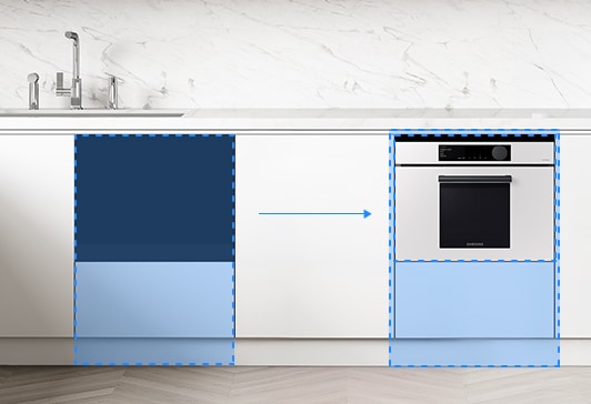 주방의 싱크대 하부장 안에 Bespoke 콤팩트 오븐을 설치한 모습입니다.