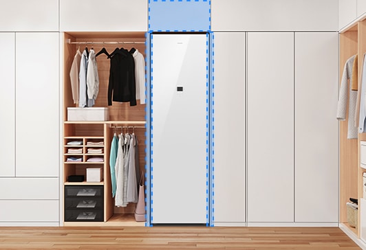 상부장과 박스장을 설치한 모습입니다. 박스장 안에는 Bespoke AI 에어드레서 제품이 있습니다.