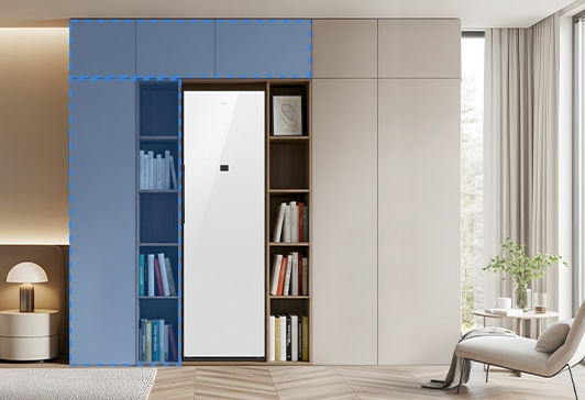 상부장, 박스장, 수납장을 을 설치한 모습입니다. 박스장 안에는 Bespoke AI 에어드레서 제품이 있습니다.