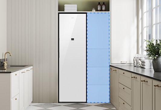 박스장 안에 에어드레서 제품이 있고, 제품 우측으로 수납장이 있습니다.