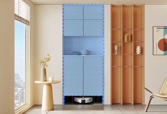 거실, 수납장 안에 Bespoke AI 스팀을 설치한 모습입니다.