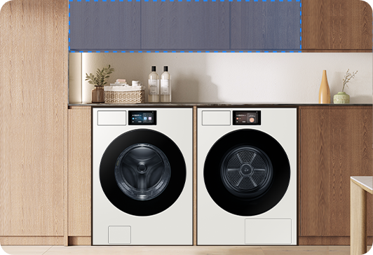 Bespoke AI 세탁기, 건조기 상단 벽면에 부착형 상부장이 설치되어 있습니다.