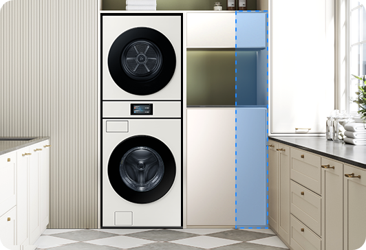 박스장 안에 Bespoke AI 원바디가 설치되어 있고, 우측에는 수납장이 있습니다.