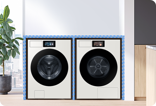 제품의 상부, 후면부, 좌/우를 박스형 판넬로 마감하여 박스장을 설치한 모습입니다. 박스장 안에는 Bespoke AI 세탁기/건조기 병렬 설치되어 있습니다.