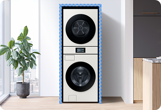 제품의 상부, 후면부, 좌/우를 박스형 판넬로 마감하여 박스장을 설치한 모습입니다. 박스장 안에는 Bespoke AI 원바디 제품이 있습니다.