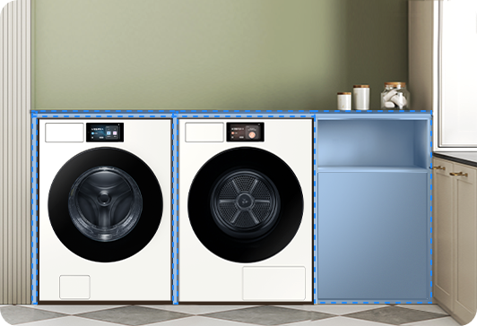 박스장 상부에(도어장)을 설치한 이미지입니다. 박스장 안에는 Bespoke AI 세탁기, 건조기 직렬 설치된 제품이 있습니다.