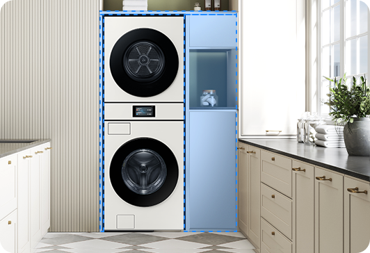 박스장 상부에(도어장)을 설치한 이미지입니다. 박스장 안에는 Bespoke AI 원바디 제품이 있습니다.