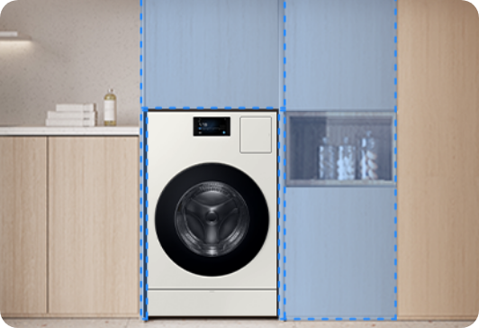 박스장 안에는 Bespoke AI 콤보 제품이 있고, 위에는 상부장, 우측에는 수납장이 있습니다.