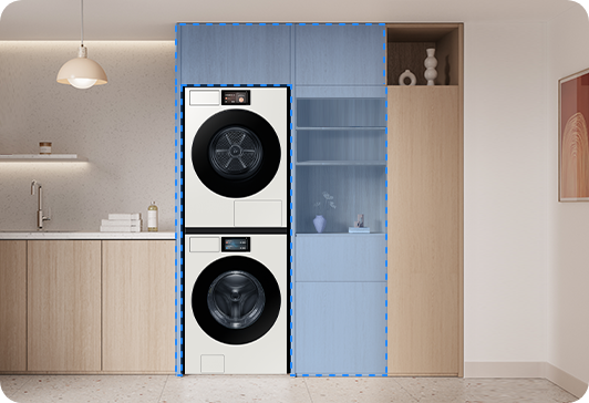 박스장 안에는 Bespoke AI 세탁기, 건조기가 직렬로 설치되어 있고, 위에는 상부장, 우측에는 수납장이 있습니다.