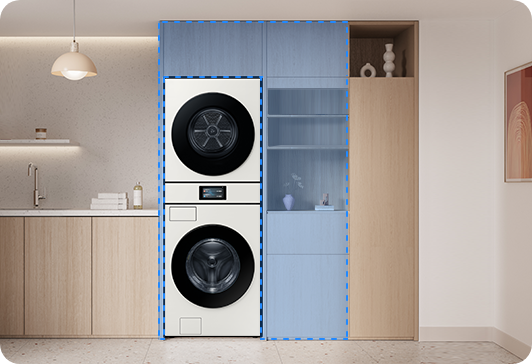 박스장 안에는 Bespoke AI 원바디가가 설치되어 있고, 위에는 상부장, 우측에는 수납장이 있습니다.