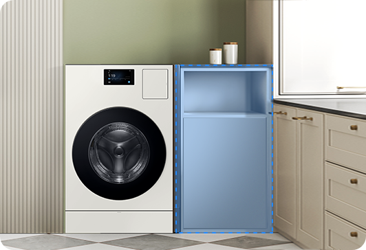 다용도실에 Bespoke AI 콤보가 설치되어있고, 우측에는 수납장이 있습니다.