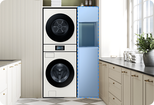 다용도실에 Bespoke AI 원바디가 설치되어있고, 우측에는 수납장이 있습니다.