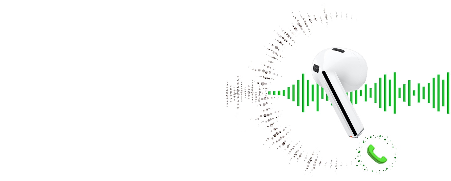 갤럭시 버즈3 이어버드가 놓여있고 통화 아이콘이 표시됩니다. 한쪽에는 상대방의 음성 파동이, 다른 한쪽에는 소음을 나타내는 입자가 차단된 모습이 나타납니다.