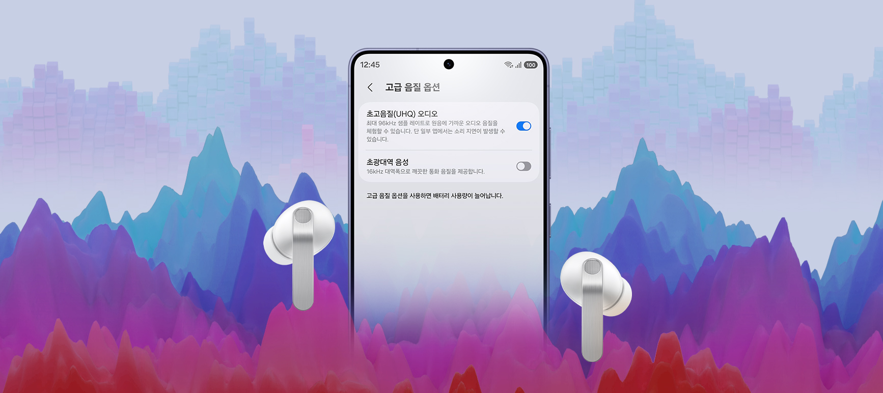 갤럭시 스마트폰이 화면에 고급 음질 옵션을 표시하고 있습니다. 화면에 '초고음질(UHQ) 오디오'는 켜져 있고 '초광대역 음성'은 꺼져 있습니다. 화면 옆에는 화이트 색상의 갤럭시 버즈4 프로가 놓여 있습니다.