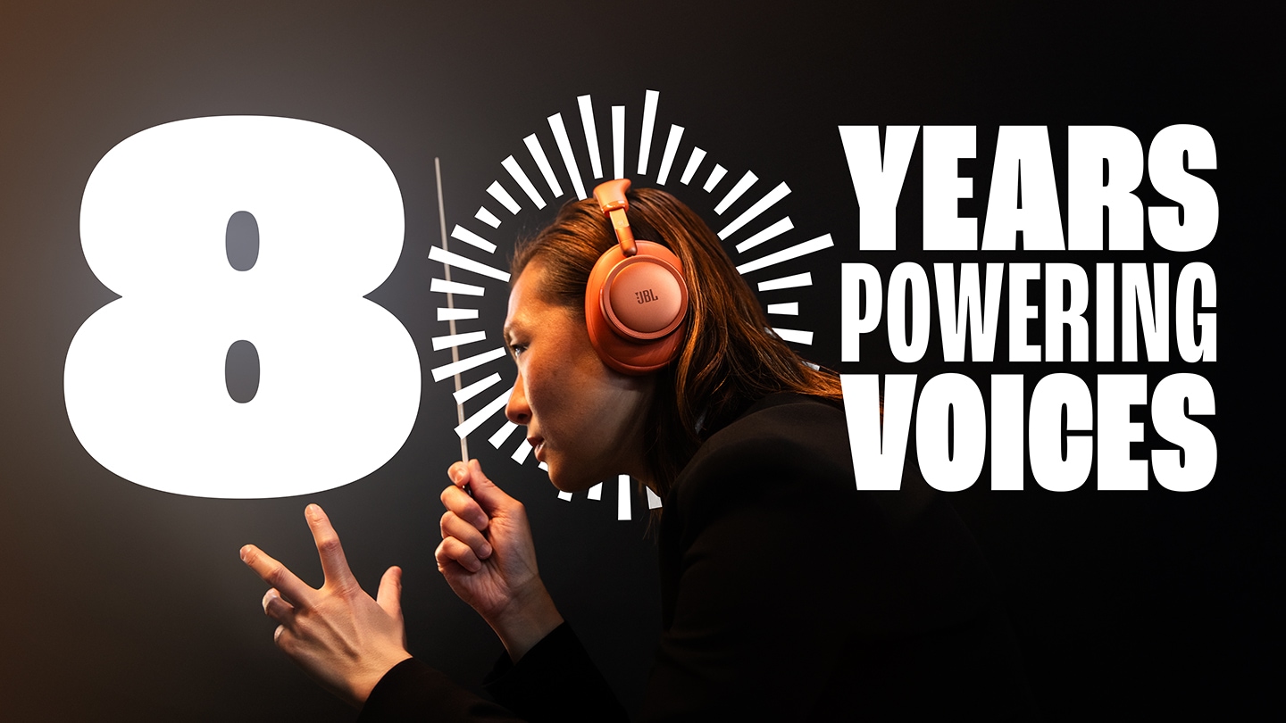 JBL 80주년 기념 이미지, JBL 헤드폰을 착용하고 지휘를 하는 여성의 모습