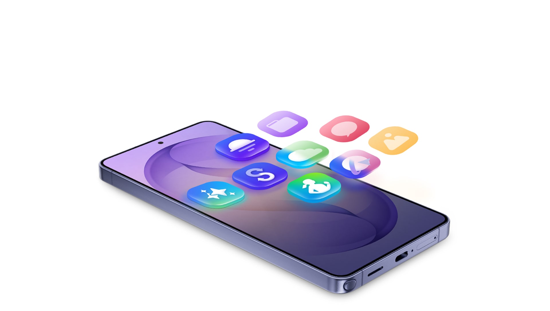 코발트 바이올렛 색상의 갤럭시 S26 울트라가 평평하게 위를 향해 놓여 있습니다. 화면에는 보라색 디자인을 표시하고 있고, 다양한 앱 아이콘이 화면 위에 떠 있는 모습입니다.