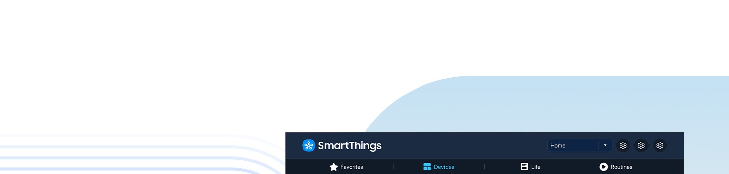 SmartThings 홈 화면은 즐겨찾기, 기기, 라이프, 자동화의 4 가지 사용자 친화적 카테고리로 이루어져 있습니다. 기기 카테고리가 표시되자 조명, 에어컨, 로봇청소기, 블라인드, 조명, 공기청정기, 사운드바, TV로 이루어진 8가지 거실 가전과 함께 오븐, 냉장고, 큐커, 세탁기 등 4가지 주방 가전이 나타납니다. 다양한 기기 아이콘이 화면을 둘러쌉니다.