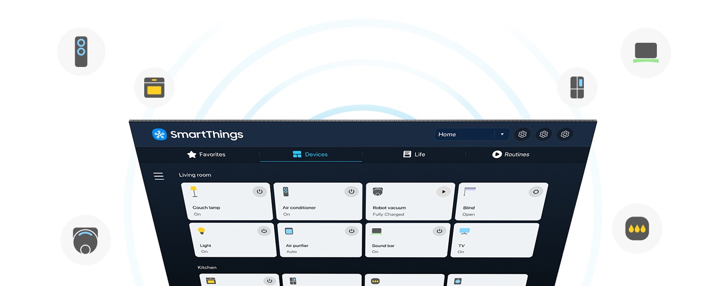 SmartThings 홈 화면은 즐겨찾기, 기기, 라이프, 자동화의 4 가지 사용자 친화적 카테고리로 이루어져 있습니다. 기기 카테고리가 표시되자 조명, 에어컨, 로봇청소기, 블라인드, 조명, 공기청정기, 사운드바, TV로 이루어진 8가지 거실 가전과 함께 오븐, 냉장고, 연기 감지기, 세탁기 등 4가지 주방 가전이 나타납니다. 다양한 기기 아이콘이 화면을 둘러쌉니다.