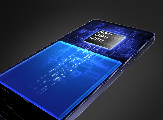 갤럭시 S26 울트라의 내부 하드웨어 모습입니다. GPU, NPU, CPU로 표시된 칩셋과 배터리 사이로 빛을 내는 픽셀이 이동하여 프로세서가 어떻게 하루 종일 지속되는 배터리 수명을 가능하게 하는지 알려줍니다.