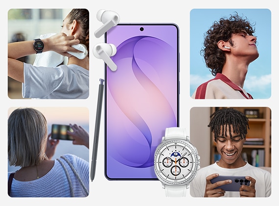코발트 바이올렛 색상의 갤럭시 S26 울트라가 정면으로 있습니다. S펜은 스마트폰에 기대어 있고 화이트 색상의 갤럭시 버즈4 프로 이어버즈는 스마트폰 위에 떠 있는 것처럼 놓여져 있습니다. 화이트 색상의 갤럭시 워치8 클래식이 정면으로 있습니다. 그 주변으로 기기를 사용하는 모습, 운동하는 모습, 밤에 사진을 찍는 모습, 음악을 듣는 모습, 게임을 하는 모습 등의 사진이 둘러싸고 있습니다.