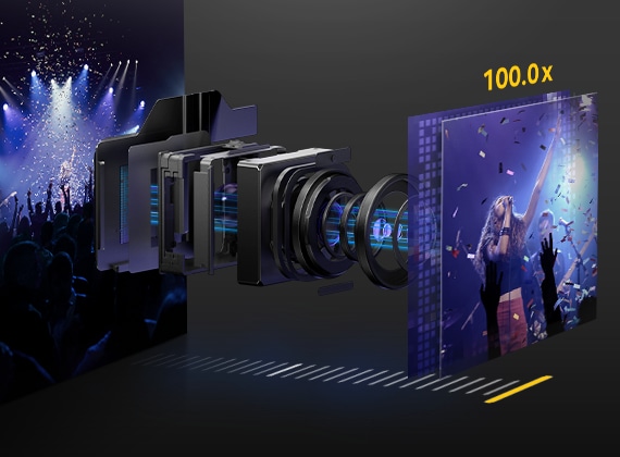 콘서트 장면이 있고 갤럭시 S26 울트라의 망원 카메라 기본 구조를 나타내고 있습니다. 100배 확대해도 선명함과 디테일을 유지하는 기술을 표현하고 있습니다.