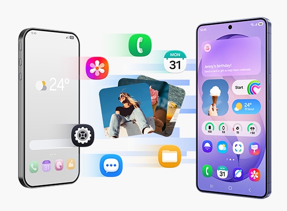 갤러리, 전화, 캘린더, 설정, 메시지, 내 파일 등 다양한 사진과 앱이 한 휴대폰에서 코발트 바이올렛 색상의 갤럭시 S26 울트라로 옮겨지는 모습이 표시됩니다.