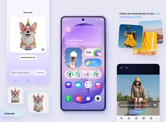 갤럭시 S26 울트라의 정면 모습입니다. 디스플레이에는 One UI 8.5 홈 화면이 표시되어 있습니다. 휴대폰 양쪽 측면에는 One UI의 편리함을 보여주는 화면이 있습니다.