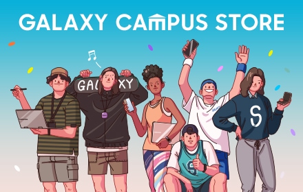 GALAXY CAMPUS STORE 문구가 위에 적혀 있고, 아래에는 개성 있는 대학생들의 모습을 표현한 일러스트가 그려져 있습니다.