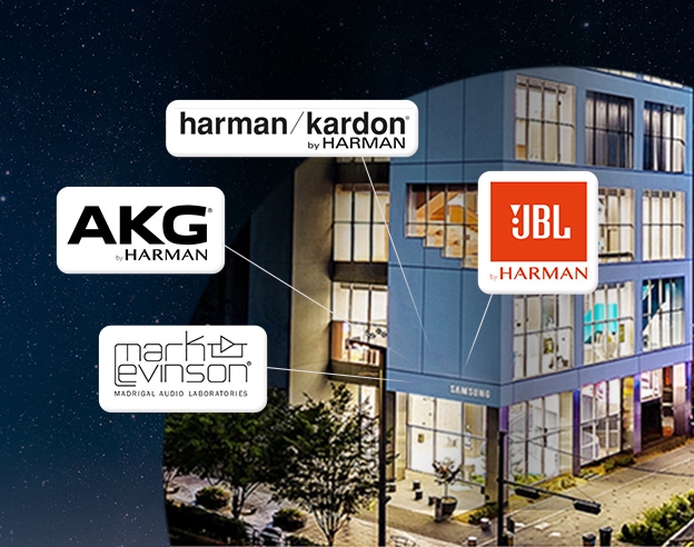 삼성 강남 건물외관과 하만카돈을 포함한 JBL, 마크레빈슨, AKG 로고를 보여주고있다.