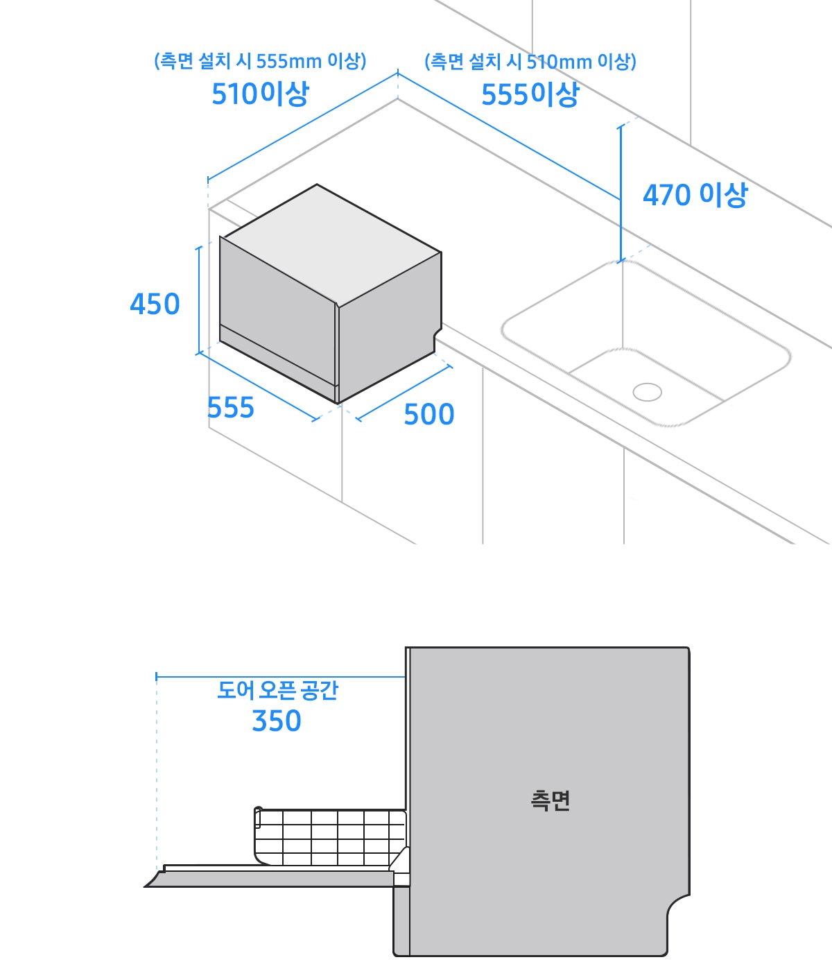 좌측에는 식기세척기의 폭이 555, 깊이가 500, 높이가 450, 싱크대 상단의 폭이 555 이상, 깊이가 510 이상, 높이가 470 이상, 측면으로 설치시 싱크대 상단의 폭이 510 이상, 깊이가 555 이상, 높이가 470 이상으로 기재된 도면이 있습니다. 우측에는 문이 열린 식기세척기 측면 도면에 도어 오픈 공간이 350이라고 기재되어 있습니다.