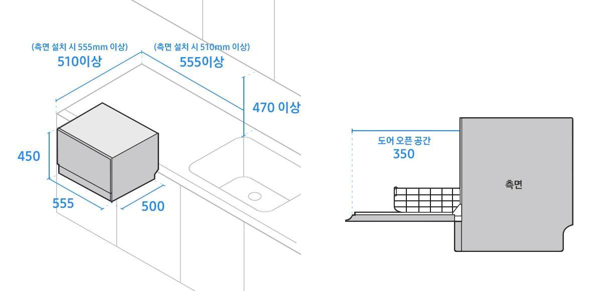 좌측에는 식기세척기의 폭이 555, 깊이가 500, 높이가 450, 싱크대 상단의 폭이 555 이상, 깊이가 510 이상, 높이가 470 이상, 측면으로 설치시 싱크대 상단의 폭이 510 이상, 깊이가 555 이상, 높이가 470 이상으로 기재된 도면이 있습니다. 우측에는 문이 열린 식기세척기 측면 도면에 도어 오픈 공간이 350이라고 기재되어 있습니다.