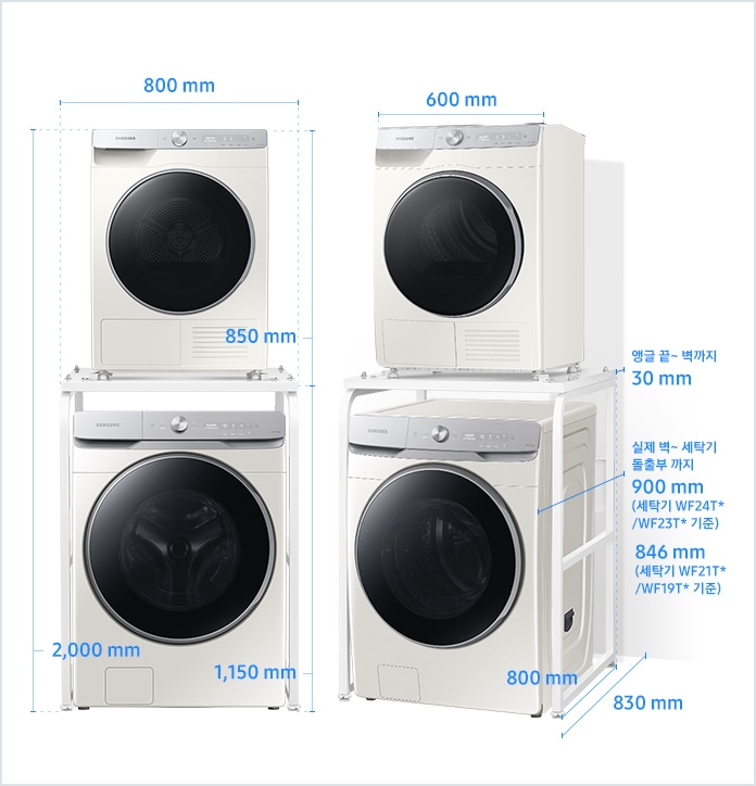 
                                [9 kg 건조기 직렬설치(앵글) 설치 환경 가이드 이미지입니다. 좌측 이미지는 제품의 정면도입니다. 제품의 앵글 포함 폭은 800 mm~, 하단 세탁기 앵글 포함 높이는 1,150 mm, 상단 건조기 높이는 850 mm~이고, 앵글로 직렬 설치된 세탁기와 건조기 전체 높이는 2,000 mm입니다. 우측 이미지는 제품의 측면도입니다. 제품의 하단은 세탁기, 상단은 건조기에 해당하며 모델에 따라 제품의 깊이와 설치 가이드가 상이합니다. 상단 건조기의 폭은 600 mm~입니다. 하단 앵글의 깊이는 800 mm입니다. 세탁기 WF~24T*/WF23T~* 모델의 경우, 세탁기 전방 돌출부부터 후방 벽까지 깊이는 900 mm입니다. 세탁기 WF~21T*/WF19T~*모델의 경우, 세탁기 전방 돌출부부터 후방 벽까지 깊이는 846 mm입니다. 앵글 전방 끝부터 후방 벽과의 간격을 포함한 깊이는 830 mm~이고 앵글 후방 끝부터 후방 벽과의 간격은 30 mm의 공간이 필요합니다.]
