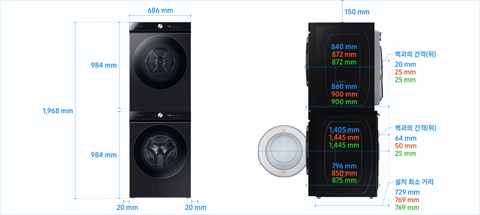 
                                22/21년형 BESPOKE 그랑데AI & 세탁기AI 직렬설치(상단 설치 키트) 설치 환경 가이드 이미지입니다.
                                좌측 이미지는 제품의 정면도입니다. 제품의 폭은 686 mm, 하단 세탁기 높이는 984 mm, 상단 건조기 높이는 984 mm이고, 상단 설치 키트로 직렬 설치된 세탁기와 건조기 전체 높이는 1,968 mm입니다. 
                                제품과 양 옆 벽과의 간격은 각각 20 mm의 공간이 필요합니다. 
                                우측 이미지는 제품의 측면도입니다. 제품과 천장과의 간격은 150 mm의 공간이 필요합니다. 
                                제품의 하단은 세탁기, 상단은 건조기에 해당하며 모델에 따라 제품의 깊이와 설치 환경 가이드가 상이합니다. 
                                건조기 DV17B*/DV17A*, 세탁기 WF21B*/WF21A* 모델의 경우, 
                                하단 세탁기의 깊이는 796 mm, 상단 건조기의 깊이는 840 mm입니다. 
                                하단 세탁기 문을 열었을 때, 후방 벽과의 간격을 포함한 깊이는 1,405 mm이고, 
                                하단 세탁기와 후방 벽과의 간격은 64 mm의 공간이 필요합니다. 
                                상단 건조기와 후방 벽과의 간격을 포함한 깊이는 860 mm이고, 상단 건조기와 후방 벽과의 간격은 20 mm의 공간이 필요합니다. 
                                후방 벽을 기준으로 설치 최소 거리는 729 mm입니다.
                                건조기 DV20B*/DV20A*, 세탁기 WF24B*/WF24A* 모델의 경우, 
                                하단 세탁기의 깊이는 850 mm, 상단 건조기의 깊이는 872 mm입니다. 
                                하단 세탁기 문을 열었을 때, 후방 벽과의 간격을 포함한 깊이는 1,445 mm이고, 
                                하단 세탁기와 후방 벽과의 간격은 50 mm의 공간이 필요합니다. 
                                상단 건조기와 후방 벽과의 간격을 포함한 깊이는 900 mm이고, 상단 건조기와 후방 벽과의 간격은 25 mm의 공간이 필요합니다. 
                                후방 벽을 기준으로 설치 최소 거리는 769 mm입니다.
                                건조기 DV20B*/DV20A*, 세탁기 WF25CB*/WF25B* 모델의 경우, 
                                하단 세탁기의 깊이는 875 mm, 상단 건조기의 깊이는 872 mm입니다. 
                                하단 세탁기 문을 열었을 때, 후방 벽과의 간격을 포함한 깊이는 1,445 mm이고, 
                                하단 세탁기와 후방 벽과의 간격은 25 mm의 공간이 필요합니다. 
                                상단 건조기와 후방 벽과의 간격을 포함한 깊이는 900 mm이고, 상단 건조기와 후방 벽과의 간격은 25 mm의 공간이 필요합니다. 
                                후방 벽을 기준으로 설치 최소 거리는 769 mm입니다.