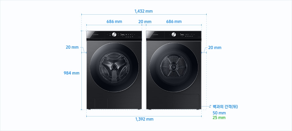 22/21년형 BESPOKE 그랑데AI 병렬설치 가이드 이미지입니다. 병렬 설치 시 가로 1,432mm 세탁기, 건조기 사이 및 양옆 간격 20mm, 높이 984mm 필요합니다. 벽과의 간격(뒤) 50mm입니다.