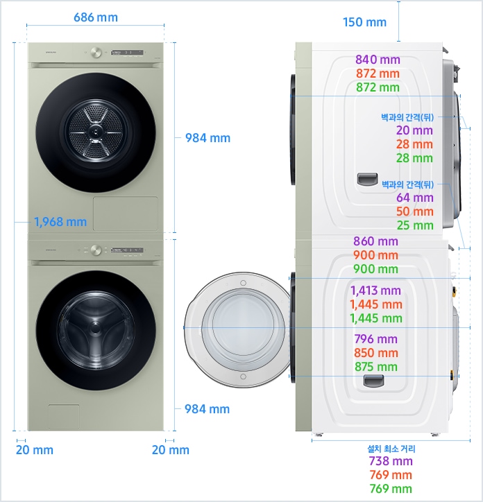 
                                23년형 BESPOKE 그랑데AI & 세탁기AI 직렬설치(상단 설치 키트) 설치 환경 가이드 이미지입니다.
                                좌측 이미지는 제품의 정면도입니다. 제품의 폭은 686 mm, 하단 세탁기 높이는 984 mm, 상단 건조기 높이는 984 mm이고, 상단 설치 키트로 직렬 설치된 세탁기와 건조기 전체 높이는 1,968 mm입니다.
                                제품과 양 옆 벽과의 간격은 각각 20 mm의 공간이 필요합니다.
    
                                우측 이미지는 제품의 측면도입니다. 제품과 천장과의 간격은 150 mm의 공간이 필요합니다.
                                제품의 하단은 세탁기, 상단은 건조기에 해당하며 모델에 따라 제품의 깊이와 설치 환경 가이드가 상이합니다.
                                건조기 DV17CB*, 세탁기 WF21CB* 모델의 경우,
                                하단 세탁기의 깊이는 796 mm, 상단 건조기의 깊이는 840 mm입니다.
                                하단 세탁기 문을 열었을 때, 후방 벽과의 간격을 포함한 깊이는 1,413 mm이고,
                                하단 세탁기와 후방 벽과의 간격은 64 mm의 공간이 필요합니다.
                                상단 건조기와 후방 벽과의 간격을 포함한 깊이는 860 mm이고, 상단 건조기와 후방 벽과의 간격은 20 mm의 공간이 필요합니다.
                                후방 벽을 기준으로 설치 최소 거리는 738 mm입니다.
                                건조기 DV20CB*/DV21CB*/DV22DB*, 세탁기 WF24B*/WF24A* 모델의 경우,
                                하단 세탁기의 깊이는 850 mm, 상단 건조기의 깊이는 872 mm입니다.
                                하단 세탁기 문을 열었을 때, 후방 벽과의 간격을 포함한 깊이는 1,445 mm이고,
                                하단 세탁기와 후방 벽과의 간격은 50 mm의 공간이 필요합니다.
                                상단 건조기와 후방 벽과의 간격을 포함한 깊이는 900 mm이고, 상단 건조기와 후방 벽과의 간격은 28 mm의 공간이 필요합니다.
                                후방 벽을 기준으로 설치 최소 거리는 769 mm입니다.
                                건조기 DV20CB*/DV21CB*/DV22DB*, 세탁기 WF25CB*/WF25B* 모델의 경우,
                                하단 세탁기의 깊이는 875 mm, 상단 건조기의 깊이는 872 mm입니다.
                                하단 세탁기 문을 열었을 때, 후방 벽과의 간격을 포함한 깊이는 1,445 mm이고,
                                하단 세탁기와 후방 벽과의 간격은 25 mm의 공간이 필요합니다.
                                상단 건조기와 후방 벽과의 간격을 포함한 깊이는 900 mm이고, 상단 건조기와 후방 벽과의 간격은 28 mm의 공간이 필요합니다.
                                후방 벽을 기준으로 설치 최소 거리는 769 mm입니다.