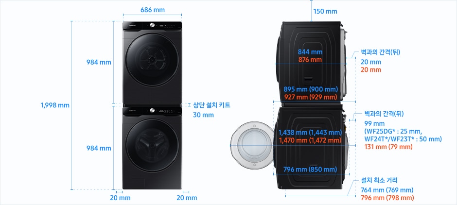 
                                [20년형 그랑데 건조기 ÁÍ / 그랑데 건조기 17/16/14 kg~ & 20년형 그랑데 세탁기 ÁÍ/ 그랑데 세탁기 직렬설치(상단 설치 키트) 설치 환경 가이드 이미지입니다. 좌측 이미지는 제품의 정면도입니다. 제품의 폭은 686 mm~, 하단 세탁기 높이는 984 mm, 상단 건조기 높이는 984 mm~, 상단 설치 키트 높이는 30 mm이며, 상단 설치 키트로 직렬 설치된 세탁기와 건조기 전체 높이는 1,998 mm~입니다. 제품과 양 옆 벽과의 간격은 각각 20 mm의 공간이 필요합니다. 우측 이미지는 제품의 측면도입니다. 제품과 천장과의 간격은 150 mm~의 공간이 필요합니다. 제품의 하단은 세탁기, 상단은 건조기에 해당하며 모델에 따라 제품의 깊이와 설치 환경 가이드가 상이합니다. 건조기 DV21DG~*/DV17T*/D~V16T*/DV~14T*, 세탁기 WF21D~G*/WF21T~*/WF19T* 모델의 경우, 하단 세탁기의 깊이는 796 m~m, 상단 건조기의 깊이는 844 mm입니다. 하단 세탁기 문을 열었을 때, 후방 벽과의 간격을 포함한 깊이는 1,438 m~m이고, 하단 세탁기와 후방 벽과의 간격은 99 mm의 공간이 필요합니다. 상단 건조기와 후방 벽과의 간격은 20 m~m의 공간이 필요합니다. 후방 벽을 기준으로 설치 최소 거리는 764 mm입니다. 건조기 D~V17T*/DV~16T*/DV14T~*, 세탁기WF25DG~*/WF24T*/W~F23T* 모델의 경우, 하단 세탁기의 깊이는 850 mm~, 상단 건조기의 깊이는 844 mm입니다. 하단 세탁기 문을 열었을 때, 후방 벽과의 간격을 포함한 깊이는 1,443 mm~이고, 하단 세탁기와 후방 벽과의 간격은 50 mm이며, 세탁기 WF~25DG*의 경우 25 mm~의 공간이 필요합니다. 상단 건조기와 후방 벽과의 간격은 20 mm의 공간이 필요합니다. 후방 벽을 기준으로 설치 최소 거리는 769 mm~입니다. 건조기 DV19T*, 세탁기 W~F21T*/WF~19T* 모델의 경우, 하단 세탁기의 깊이는 796 mm, 상단 건조기의 깊이는 876 m~m입니다. 하단 세탁기 문을 열었을 때, 후방 벽과의 간격을 포함한 깊이는 1,470 mm이고, 하단 세탁기와 후방 벽과의 간격은 131 m~m의 공간이 필요합니다. 상단 건조기와 후방 벽과의 간격은 20 mm의 공간이 필요합니다. 후방 벽을 기준으로 설치 최소 거리는 796 m~m입니다. 건조기 DV19T~*, 세탁기 WF24T*/W~F23T* 모델의 경우, 하단 세탁기의 깊이는 850 mm~, 상단 건조기의 깊이는 876 mm입니다. 하단 세탁기 문을 열었을 때, 후방 벽과의 간격을 포함한 깊이는 1,472 mm~이고, 하단 세탁기와 후방 벽과의 간격은 79 mm의 공간이 필요합니다. 상단 건조기와 후방 벽과의 간격은 20 mm~의 공간이 필요합니다. 후방 벽을 기준으로 설치 최소 거리는 798 mm입니다.]