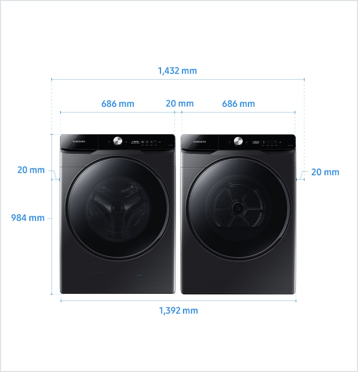 
                                20년형 그랑데 AI / 그랑데 17/16/14 kg 병렬설치 설치 환경 가이드 이미지입니다.
                                좌측에 세탁기, 우측에 건조기가 병렬 설치된 제품의 정면도입니다.
                                좌측 세탁기 제품의 폭은 686 mm이며, 높이는 984 mm입니다.
                                우측 건조기 제품의 폭은 686 mm이며, 높이는 984 mm입니다.
                                병렬 설치된 세탁기와 건조기 사이 간격을 포함한 폭은 1,392 mm이며, 병렬 설치된 세탁기와 건조기 사이 간격은 20 mm의 공간이 필요합니다.
                                병렬 설치된 세탁기, 건조기와 양 옆 벽과의 간격을 포함한 전체 폭은 1,432 mm이며, 병렬 설치된 제품과 양 옆 벽과의 간격은 각각 20 mm의 공간이 필요합니다.
                                제품과 후방 벽과의 간격은 50 mm의 공간이 필요합니다. 