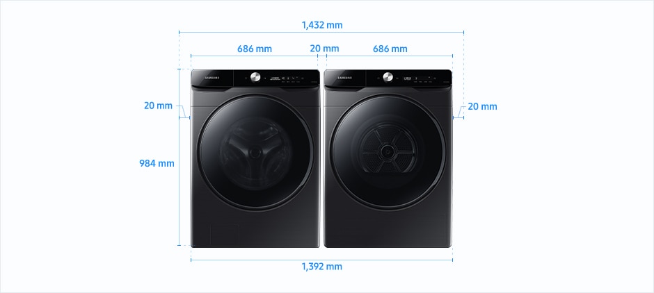 
                                [20년형 그랑데 ÁÍ / 그랑데 17/16/14 kg~ 병렬설치 설치 환경 가이드 이미지입니다. 좌측에 세탁기, 우측에 건조기가 병렬 설치된 제품의 정면도입니다. 좌측 세탁기 제품의 폭은 686 mm이며, 높이는 984 mm~입니다. 우측 건조기 제품의 폭은 686 mm이며, 높이는 984 mm~입니다. 병렬 설치된 세탁기와 건조기 사이 간격을 포함한 폭은 1,392 mm이며, 병렬 설치된 세탁기와 건조기 사이 간격은 20 mm~의 공간이 필요합니다. 병렬 설치된 세탁기, 건조기와 양 옆 벽과의 간격을 포함한 전체 폭은 1,432 mm이며, 병렬 설치된 제품과 양 옆 벽과의 간격은 각각 20 mm~의 공간이 필요합니다. 제품과 후방 벽과의 간격은 50 mm의 공간이 필요합니다.] 