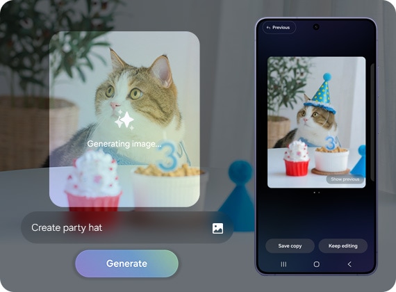 테이블 앞에 있는 고양이 사진이 Galaxy AI의 포토 어시스트로 편집되고 있는 모습입니다. '생성' 버튼 위에는 '파티 모자 만들기'라는 문구가 표시되어 있습니다. 그 옆으로 파티 모자를 쓴 모습으로 편집된 고양이 사진이 표시된 갤럭시 S26 울트라가 있고 이전 이미지 보기, 다른 파일로 저장, 계속 편집 옵션이 함께 있습니다.