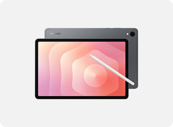그레이 색상의 갤럭시 탭 S11 제품 두 대가 겹쳐있습니다. 한 대는 전면을, 한 대는 후면을 보이고 있습니다. S펜이 탭 화면을 터치하고 있습니다.