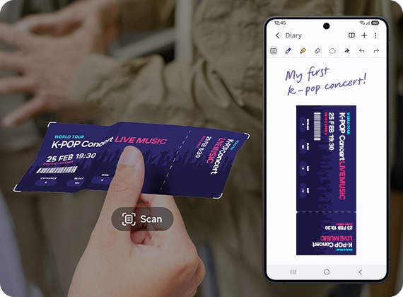 한 손에 구겨진 K팝 콘서트 티켓을 내밀고 있습니다. 문서 스캔 앱이 티켓 사진을 촬영하고 있습니다. 갤럭시 S26 울트라 스마트폰이 삼성 노트 화면에 깨끗하게 스캔된 티켓 이미지를 표시하고 '나의 첫 K팝 콘서트'라는 문구가 함께 있습니다.
