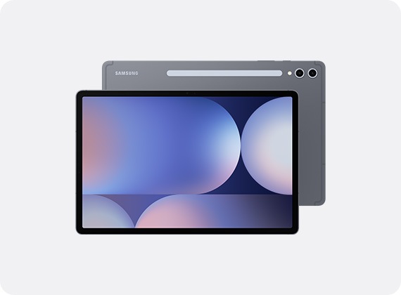 문스톤 그레이 색상의 갤럭시 탭 S10+ 제품 두 대가 겹쳐있습니다. 한 대는 전면을, 한 대는 후면을 보이고 있습니다.