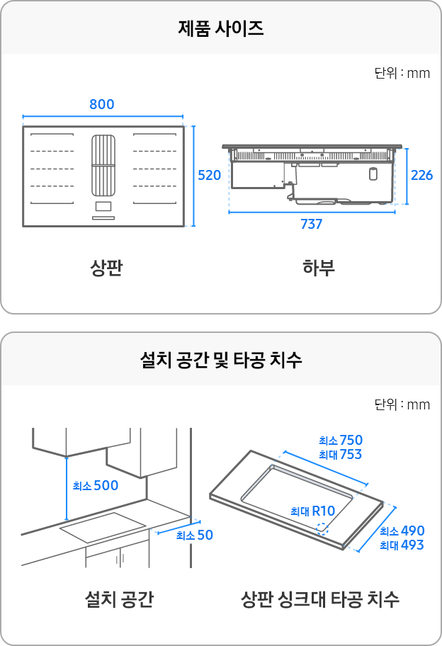 제품사이즈, 설치 공간 및 타공 치수