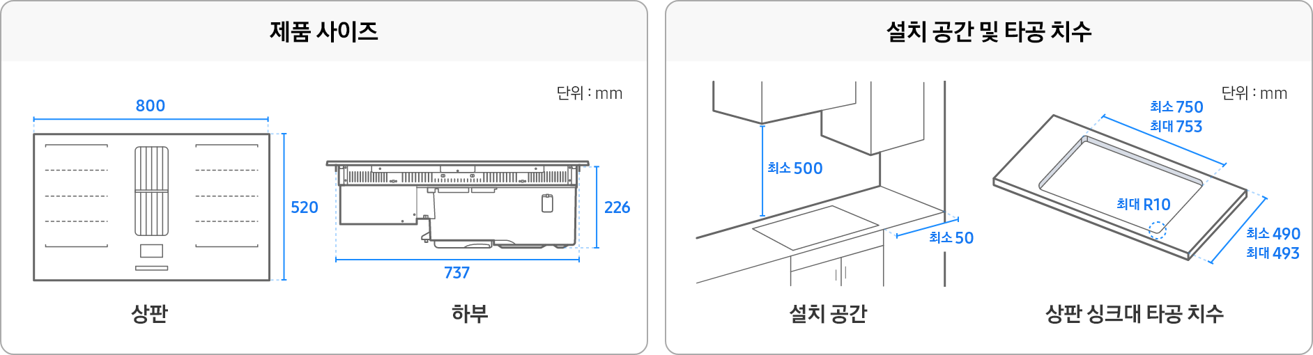 제품사이즈, 설치 공간 및 타공 치수