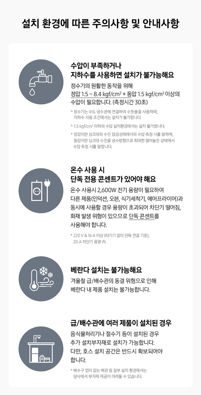 BESPOKE 정수기 설치 환경에 따른 주의 사항 및 안내사항 입니다. 4개의 아이콘과 함께 설명이 명시되어있습니다. 1. 수압이 부족하거나 지하수를 사용하면 설치가 불가능합니다. 정수기의 원활한 동작을 위해 1.5~8.4.0kgf/㎠의 수압이 필요합니다. *정수기는 수도 냉수관에 연결하여 수돗물을 사용하며, 지하수 사용 조건에서는 설치가 불가합니다. *1.5kgf/㎠ 이하의 수압 설치환경에서는 설치가 불가합니다. 2. 온수 사용 시 2,600 W 전기 용량이 필요하여 단독 전용 콘센트가 있어야 합니다. 다른 제품(인덕션,오븐,식기세척기 등)과 동시에 사용할 경우 용량이 초과되어 차단기 떨어짐, 화재 발생 위험이 있으므로 단독 콘센트를 사용해야 합니다. 3. 겨울철 급/배수관 동결위험으로 인해 베란다 설치는 불가능합니다. 4. 급/배수관에 여러 제품이 설치된 경우 추가 설치부자재로 설치가 가능합니다. 다만, 호스 설치 공간은 반드시 확보되어야 합니다.