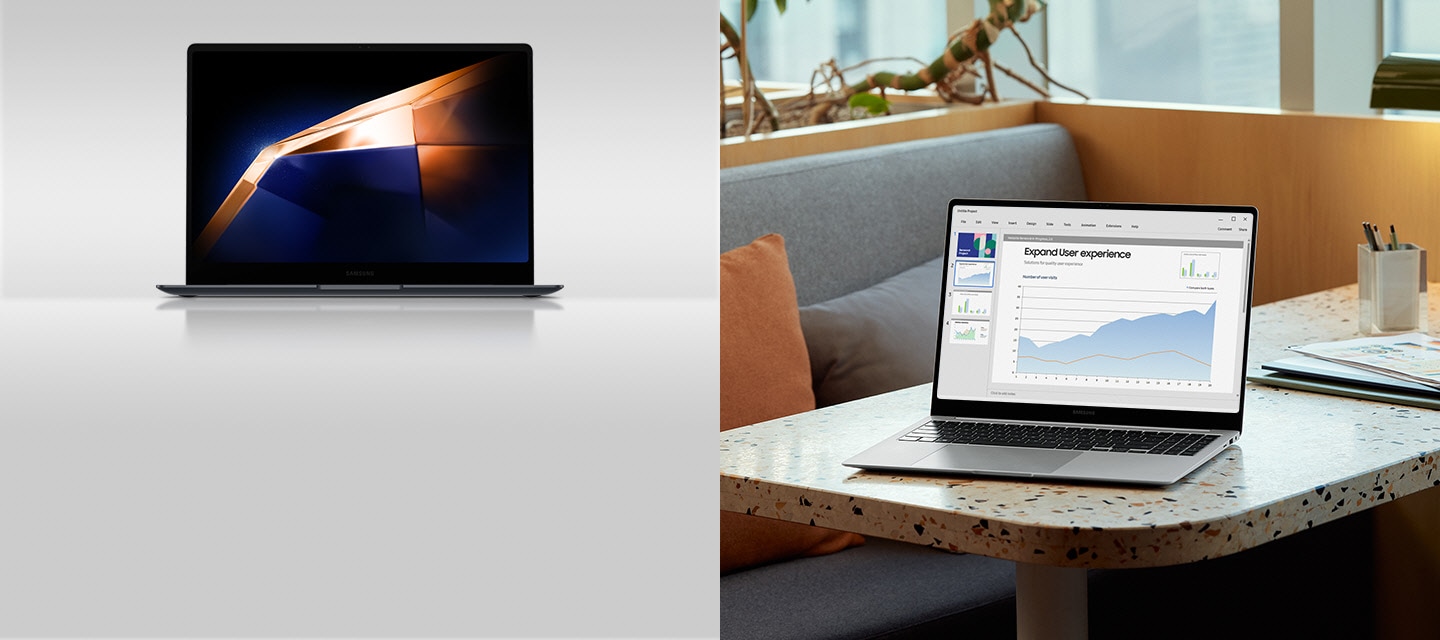 좌측에는 갤럭시 북4 Pro가 정면을 향해 열려 있습니다. 화면에는 검은색 배경이 보입니다. 우측에는 갤럭시 북4 Pro가 테이블 위에 측면을 향해 열려있고 화면에는 그래프가 보입니다.
