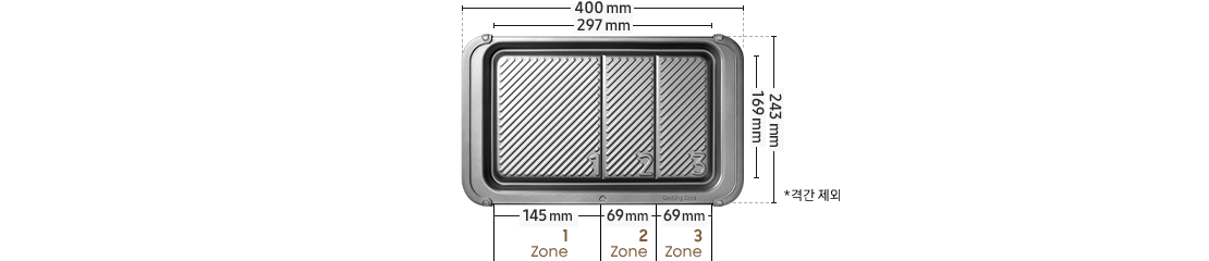 [그릴 플레이트 크기 설명] 전체크기: 400x 243mm/ 테두리 간격 제외: 297x169mm/ 1Zone: 145x169mm /2·3 Zone: 69 x169 mm