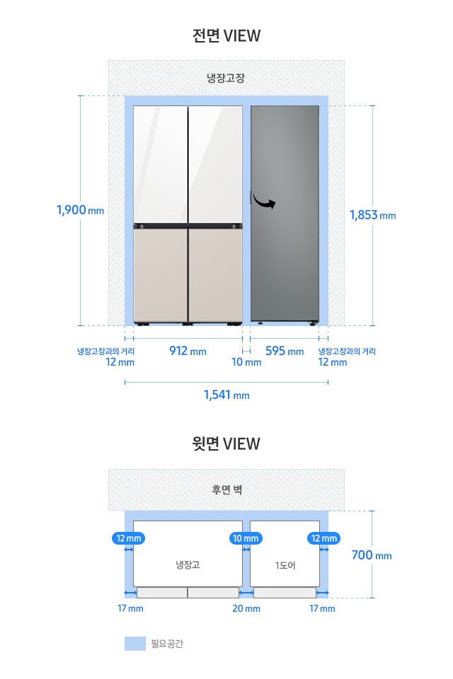 BESPOKE 키친핏 페어 설치가이드 냉장고 4도어+1도어(냉장/냉동/김치) 이미지 입니다. 윗면 VIEW 영역에는 냉장고 4도어와 1도어, 후면 벽, 제품 설치에 필요한 공간이 보여집니다. 그 위에는 제품 본체를 기준으로 한 냉장고와 냉장고장과의 거리 12mm, 1도어 제품과 냉장고장과의 거리 12mm, 냉장고와 1도어 사이의 간격 10mm가 표기되어 있습니다. 또한 제품 도어부를 기준으로 한 냉장고와 냉장고장과의 거리 17mm, 1도어와 냉장고장과의 거리 17mm, 냉장고와 1도어 사이의 간격 20mm와 함께 제품 정면(도어 단면) 기준 후면벽까지의 거리 700mm가 표기되어 있습니다. 전면 VIEW 영역에는 상칸 글램 화이트, 하칸 새틴 베이지 패널이 부착된 냉장고 4도어와 새틴 그레이 1도어(냉장/냉동/김치) 우개폐 제품이 페어 설치되어 보여집니다. 제품 하단 부분에는 냉장고 4도어와 1도어 제품에 필요한 냉장고장과의 거리 각각 12mm, 냉장고 4도어 너비 912mm, 1도어(냉장/냉동/김치) 제품 너비 595mm, 페어 설치된 제품 간 간격 10mm와 함께 이를 모두 합한 전체 가로 길이 1,541mm가 표기되어 있습니다. 제품 좌측에는 냉장고장과의 최소 간격을 포함한 전체 세로 길이 1,900mm, 우측에는 제품 높이인 1,853mm가 표기되어 있습니다.