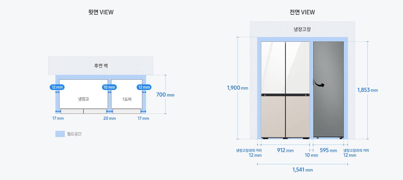 BESPOKE 키친핏 페어 설치가이드 냉장고 4도어+1도어(냉장/냉동/김치) 이미지 입니다. 윗면 VIEW 영역에는 냉장고 4도어와 1도어, 후면 벽, 제품 설치에 필요한 공간이 보여집니다. 그 위에는 제품 본체를 기준으로 한 냉장고와 냉장고장과의 거리 12mm, 1도어 제품과 냉장고장과의 거리 12mm, 냉장고와 1도어 사이의 간격 10mm가 표기되어 있습니다. 또한 제품 도어부를 기준으로 한 냉장고와 냉장고장과의 거리 17mm, 1도어와 냉장고장과의 거리 17mm, 냉장고와 1도어 사이의 간격 20mm와 함께 제품 정면(도어 단면) 기준 후면벽까지의 거리 700mm가 표기되어 있습니다. 전면 VIEW 영역에는 상칸 글램 화이트, 하칸 새틴 베이지 패널이 부착된 냉장고 4도어와 새틴 그레이 1도어(냉장/냉동/김치) 우개폐 제품이 페어 설치되어 보여집니다. 제품 하단 부분에는 냉장고 4도어와 1도어 제품에 필요한 냉장고장과의 거리 각각 12mm, 냉장고 4도어 너비 912mm, 1도어(냉장/냉동/김치) 제품 너비 595mm, 페어 설치된 제품 간 간격 10mm와 함께 이를 모두 합한 전체 가로 길이 1,541mm가 표기되어 있습니다. 제품 좌측에는 냉장고장과의 최소 간격을 포함한 전체 세로 길이 1,900mm, 우측에는 제품 높이인 1,853mm가 표기되어 있습니다.